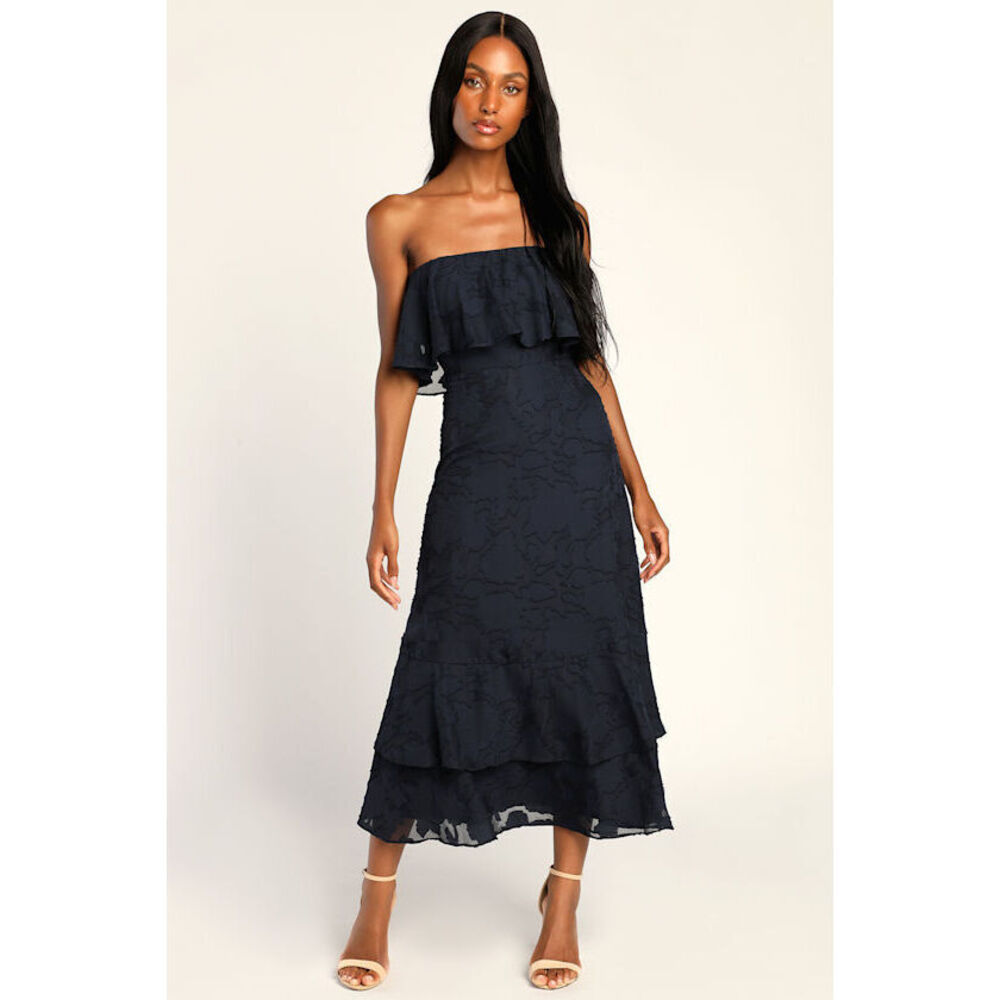 NEW! Love You So Truly Navy Blue Burnout Floral Strapless Midi Dress-Size S
